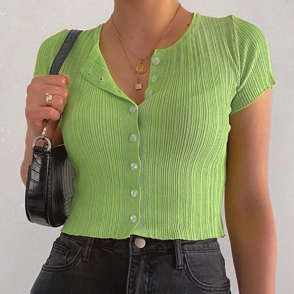 Short Sleeve Button Crop Top